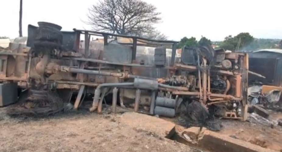 Ashanti Region: Fuel tanker driver burnt to death in fiery crash at Adubinso, seven shops destroyed