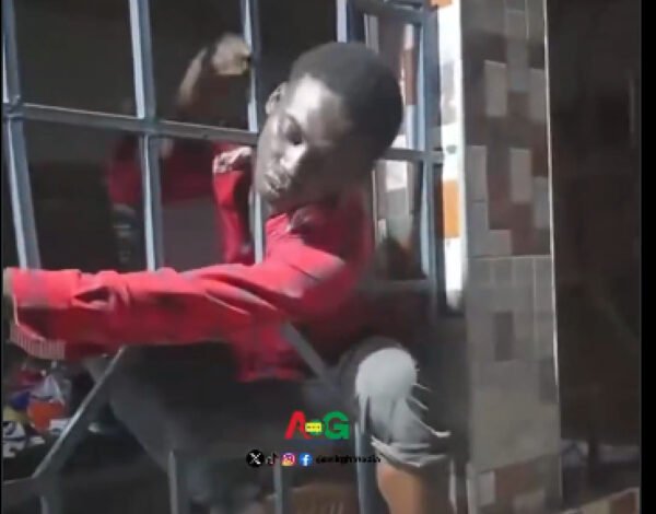 Watch as an alleged thief is made to squeeze through a metal fence
