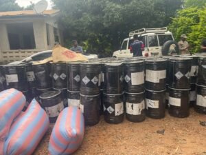 The Bono East Regional Police Command has arrested two people after intercepting a vehicle allegedly transporting contraband at Jema.
The Kia Rhino, with registration number UE 819-26, was intercepted on Tuesday, September 1, 2026, during an intelligence-led operation involving the Bono East Regional Police Intelligence Directorate and the Police Intelligence Directorate Headquarters in Accra.
The driver, identified as Fusini Danaa, was arrested around 4:00 p.m. while travelling from Nalerigu to Kumasi.
A search of the vehicle, which was loaded with maize, uncovered 321 boxes of foreign cigarettes, including Royals, Oris and Gold Seal brands.
The Police also seized 23 bags of soya beans, 39 bags of groundnut husks, 21 bags of millet and 100 containers of suspected sodium cyanide.